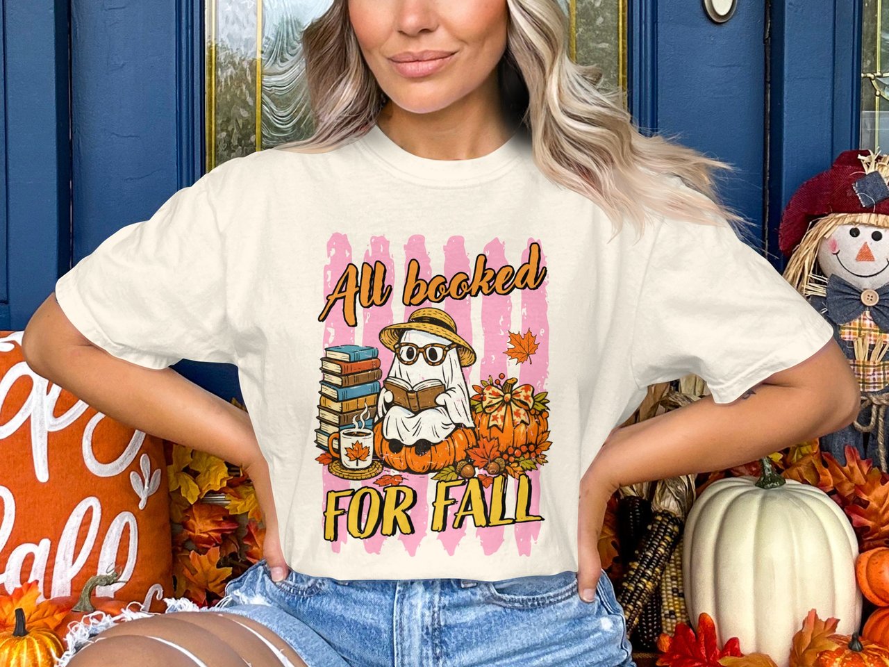 All Booked For Fall Sweatshirt, Cozy Ghost Reading Book Hoodie, Autumn Pumpkin Spice Latte Lover T-Shirt, Librarian Teacher Gift