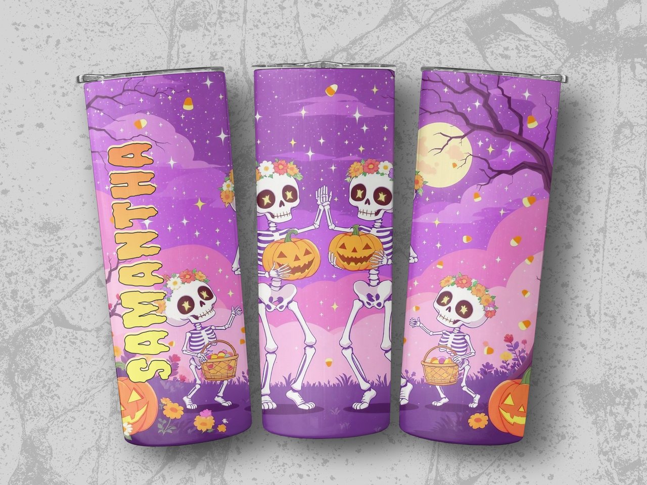 Personalized Halloween Tumbler, Dancing Skeletons, Custom Name Gift, Spooky Season, Trick or Treat