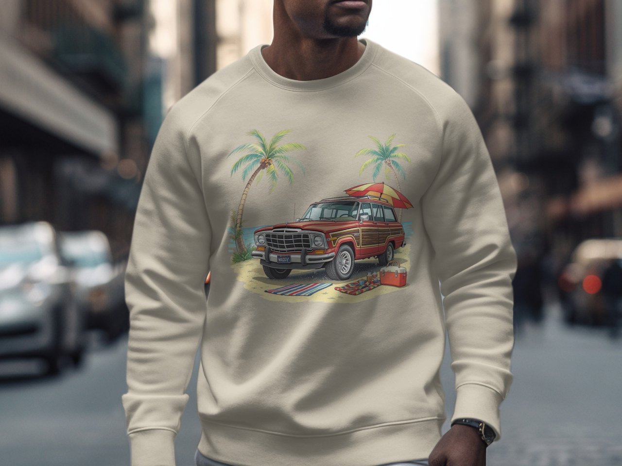 Grand Wagoneer T-Shirt, Beach Car Tee, Vintage Car Shirt, Classic SUV Tee, Summer Vibes, Palm Trees, Beach Scene, Automotive Gift