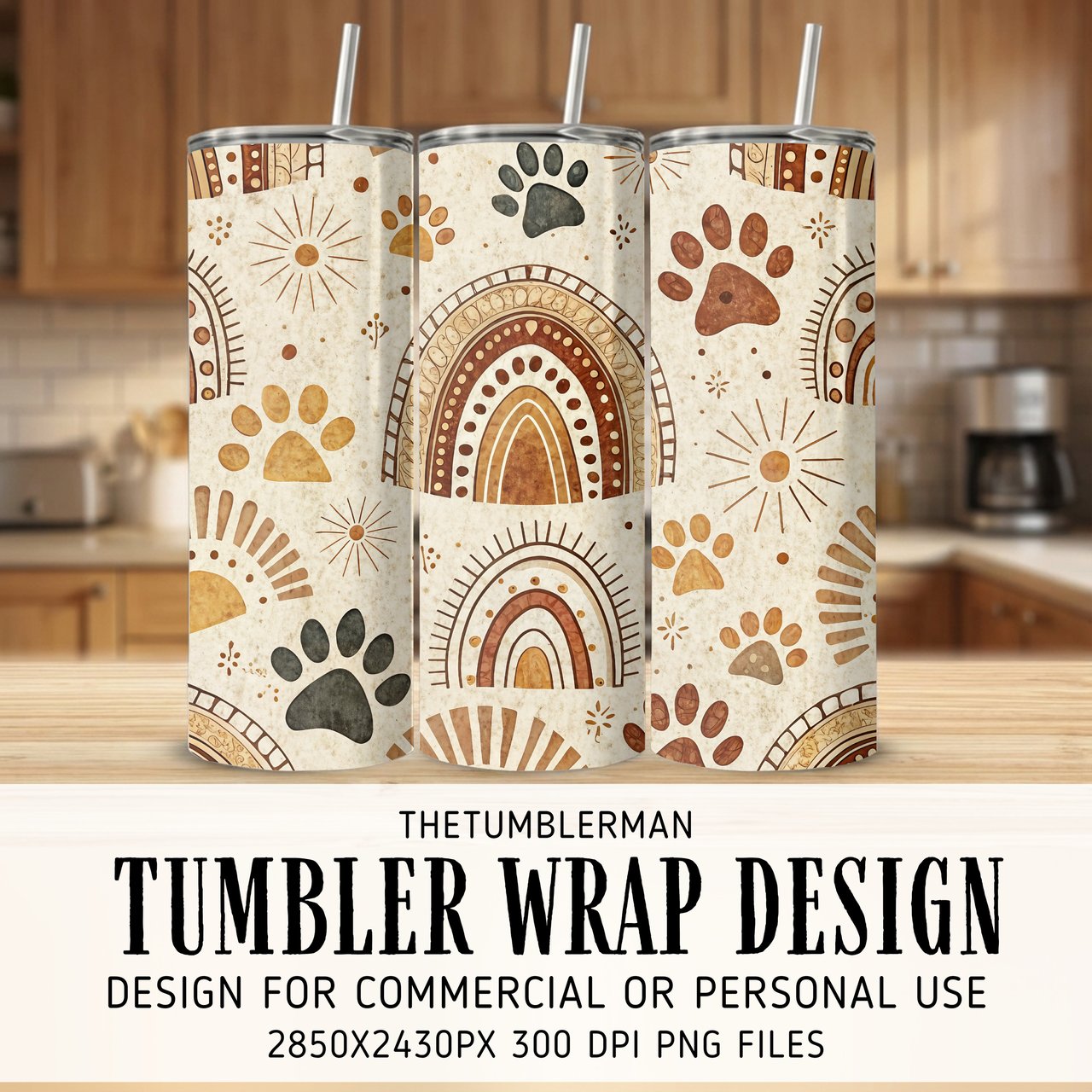 Boho Paw Print Rainbow Pattern Digital Size Bundle Png