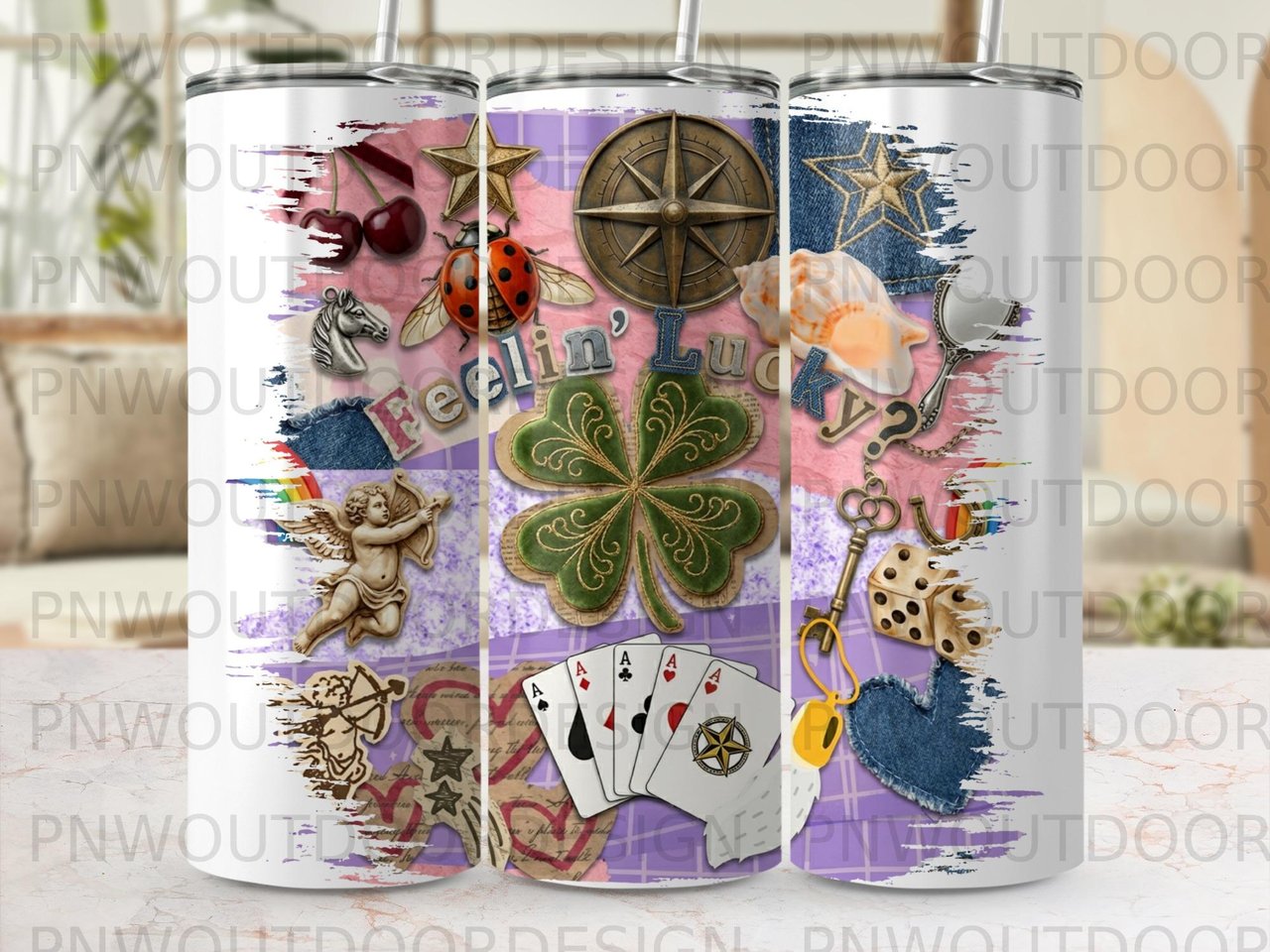 Feelin' Lucky Tumbler PNG Sublimation Design, Scrapbook Collage Digital Download, Lucky Charm Cup Wrap, Lucky Charm Seamless