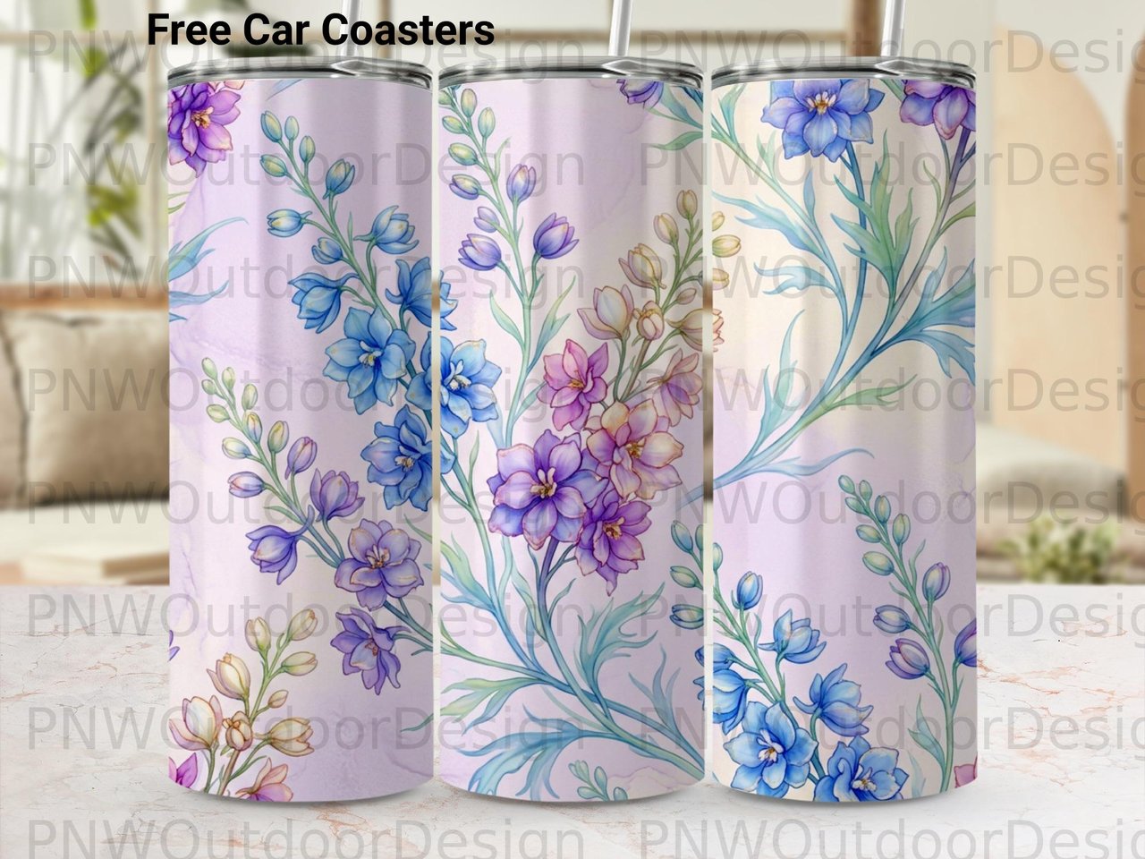 Watercolor Floral Tumbler Wrap PNG 20oz Skinny Sublimation Design | Purple Blue Delphinium Flower Seamless Digital File