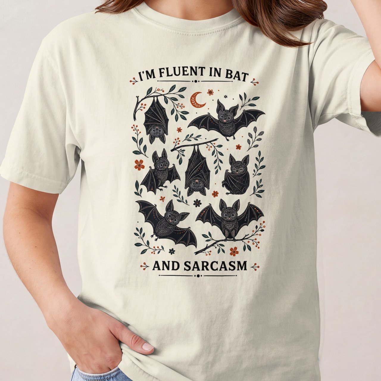 Fluent in Bat and Sarcasm Shirt, Cute Bat Lover T-Shirt, Funny Goth Aesthetic Sweatshirt, Witchy Halloween Gift for Her