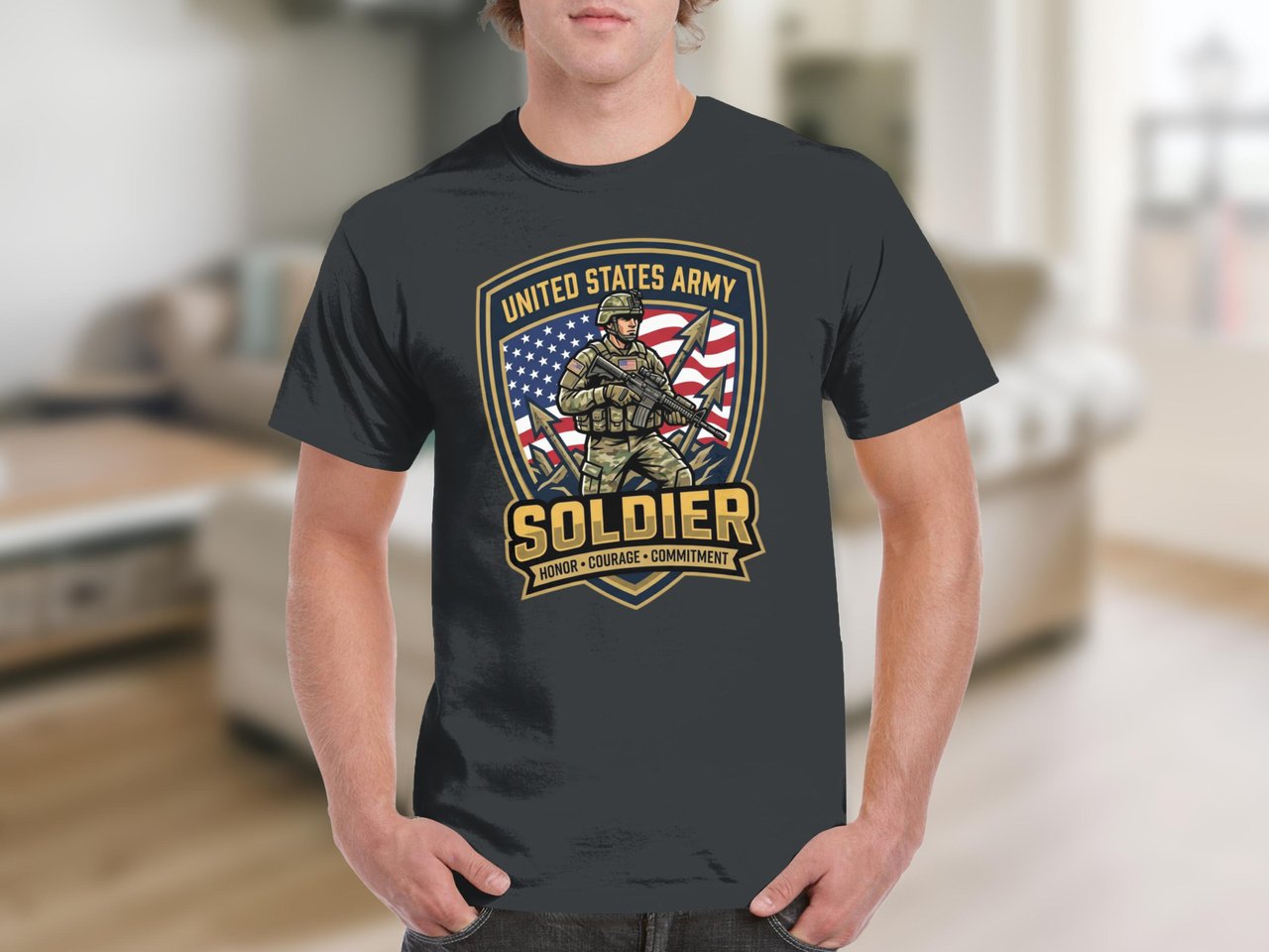 US Army Soldier T-Shirt, Patriotic Military Veteran Gift, Honor Courage Commitment Tee, American Flag Army Supporter Shirt