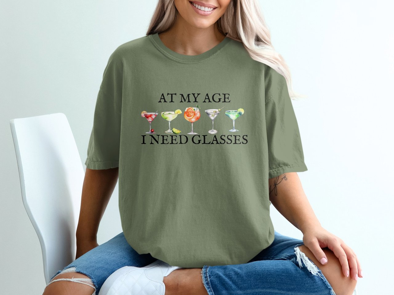 At My Age I Need Glasses T-Shirt, Funny Cocktail Shirt, Humorous Drinking Tee, Martini Margarita Gift for Her, Girls Trip Vacation Top