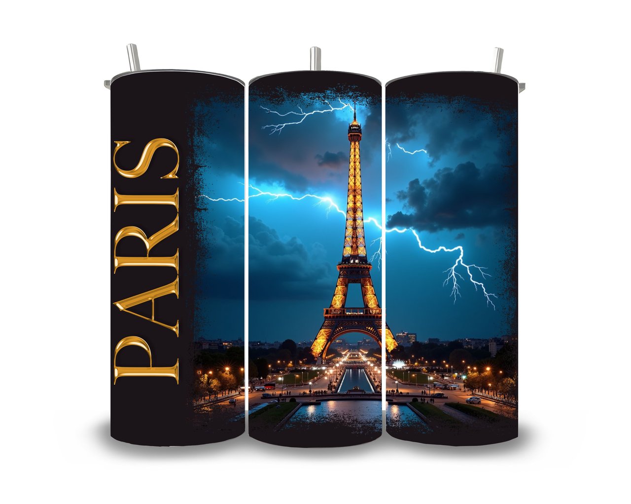 Eiffel Tower Lightning Tumbler Wrap Digital Design | Dramatic Paris Night Sky 20oz Skinny Tumbler PNG Sublimation | Faux Gold Cityscape