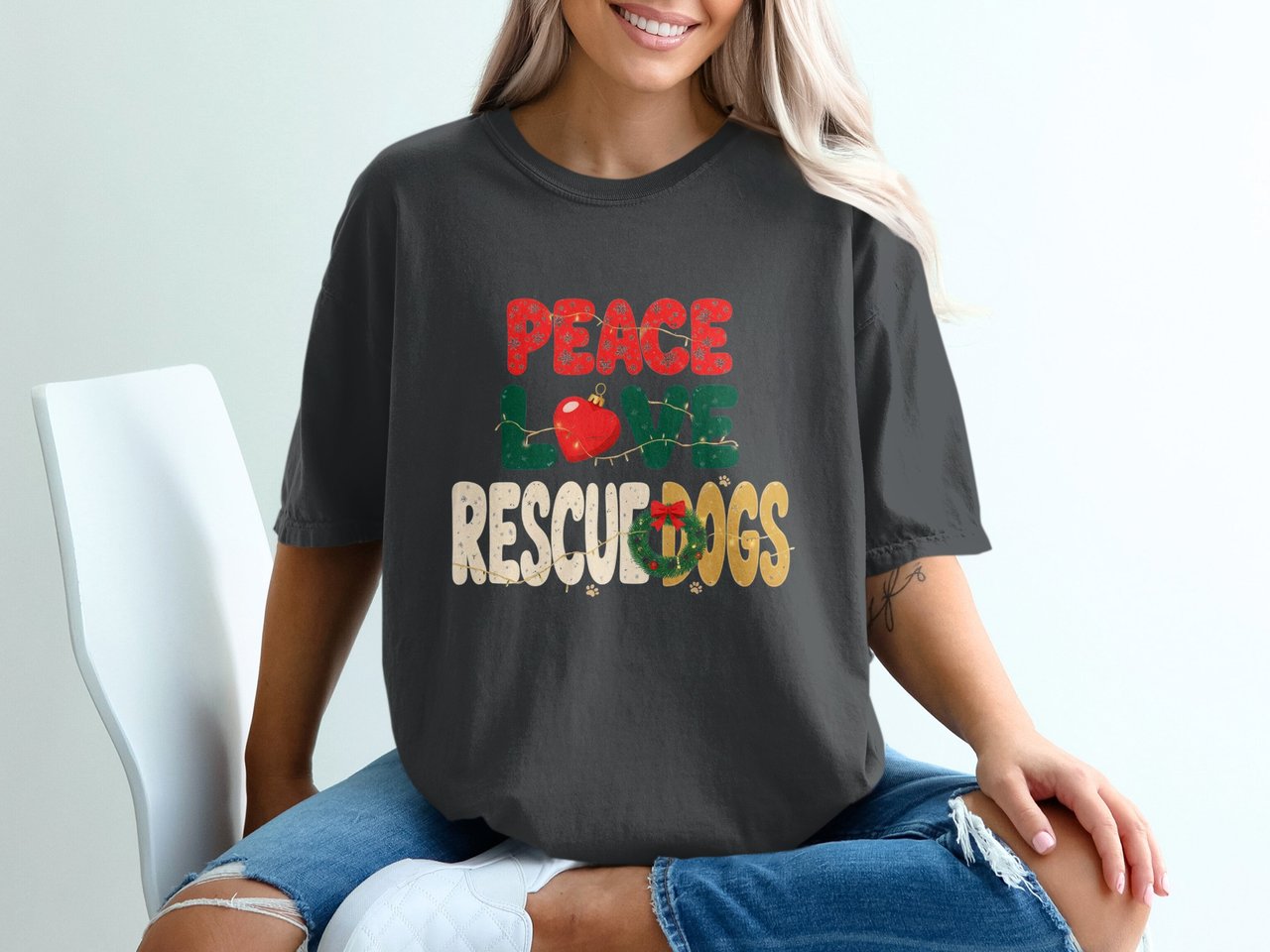 Peace Love Rescue Dogs Christmas T-Shirt, Cute Dog Mom Holiday Tee, Animal Lover Gift, Pet Adoption Shirt