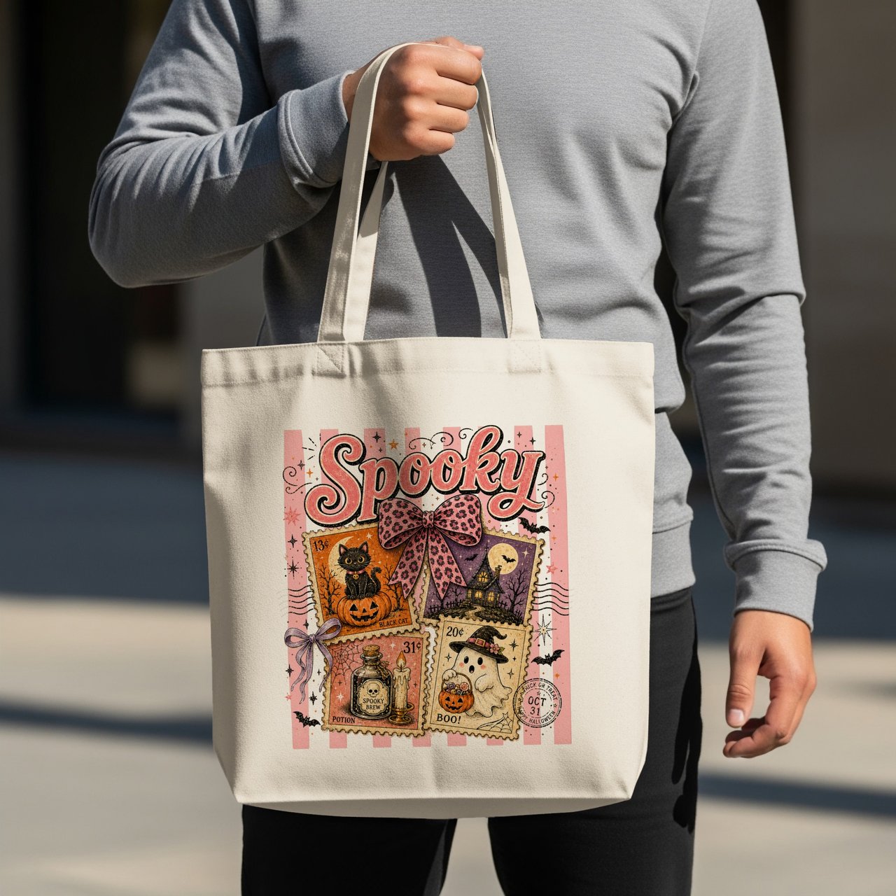 Spooky Vintage Halloween Tote Bag, Cute Pastel Goth Ghost Black Cat Potion Haunted House Art Banner, Retro Trick or Treat Fall Gift