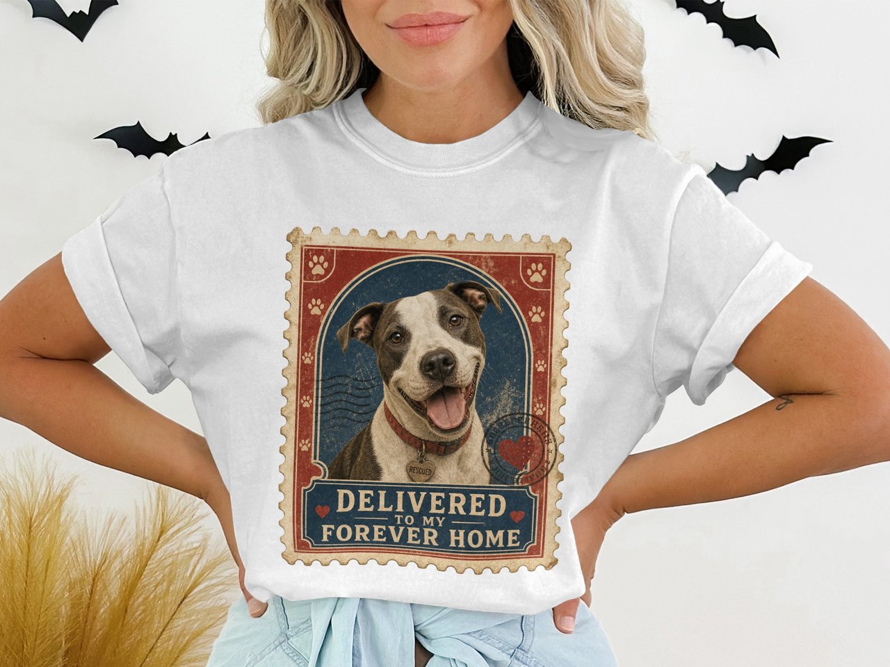 Rescued Dog Forever Home T-Shirt, Vintage Pitbull Mix Adopted Pet Mom Tee, Animal Lover Gift, Dog Dad Graphic Shirt, Heart Paw Print Design