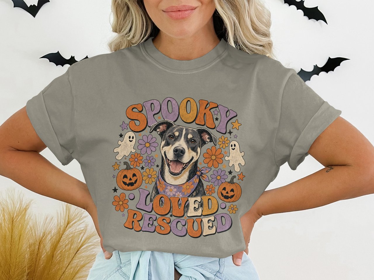 Spooky Loved Rescued Dog Mom T-Shirt | Retro Halloween Puppy Tee | Adopt Don't Shop Shirt | Vintage Fall Dog Lover Gift