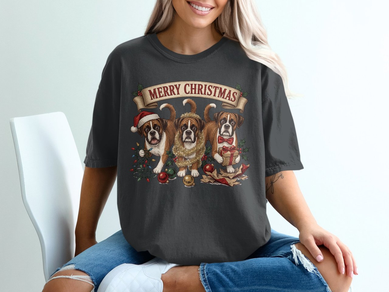 Boxer Dog Christmas T-Shirt, Merry Christmas Pups Tee, Vintage Holiday Dog Lover Gift, Festive Pet Owner Shirt, Cute Canine Top