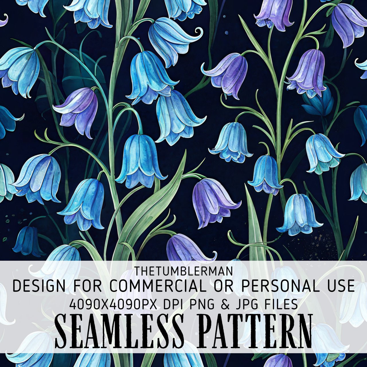 Bluebell Flower Tumbler, Digital Download, Watercolor Floral, Scrapbook Paper, Floral Junk Journal, Dark Bluebell, Tumbler Design PNG