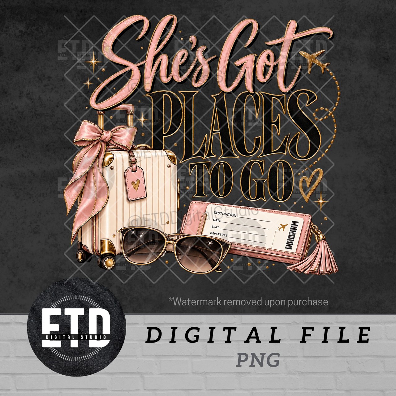 Shes Got Places To Go PNG Girls Trip Vacation Sublimation Design, Glam Jetsetter Travel Luggage Clipart, Pink Gold Boho Travel PNG