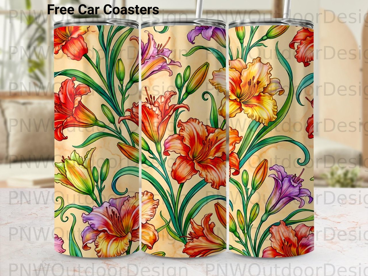 20oz Tumbler Sublimation Seamless Tapered PNG, Vibrant Daylily Floral Digital Design, Free Car Coasters Included, Instant Download