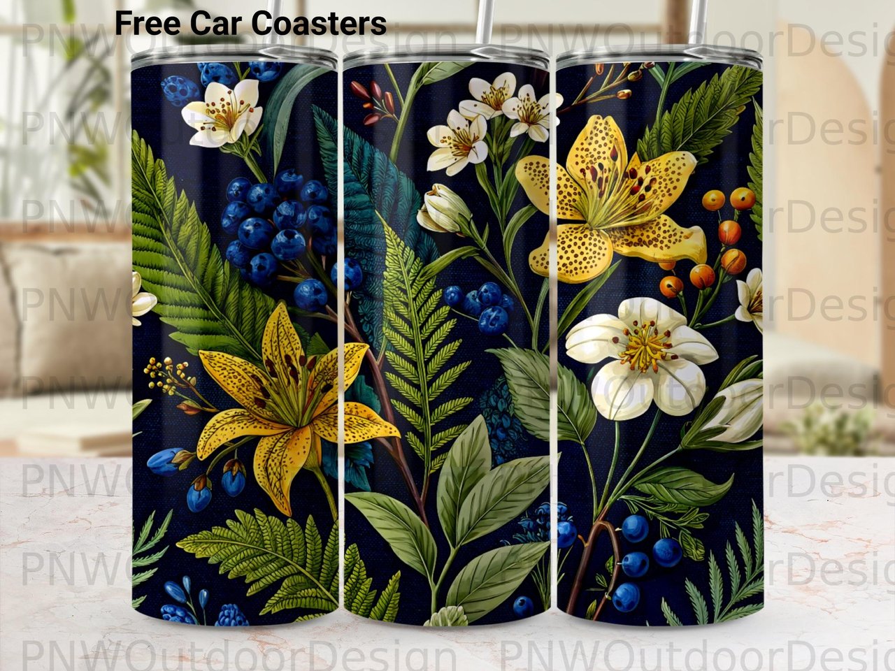 Dark Floral 20oz Tumbler Sublimation PNG, Seamless Botanical Wrap, Blueberry Lily Digital Download & Car Coaster PNG