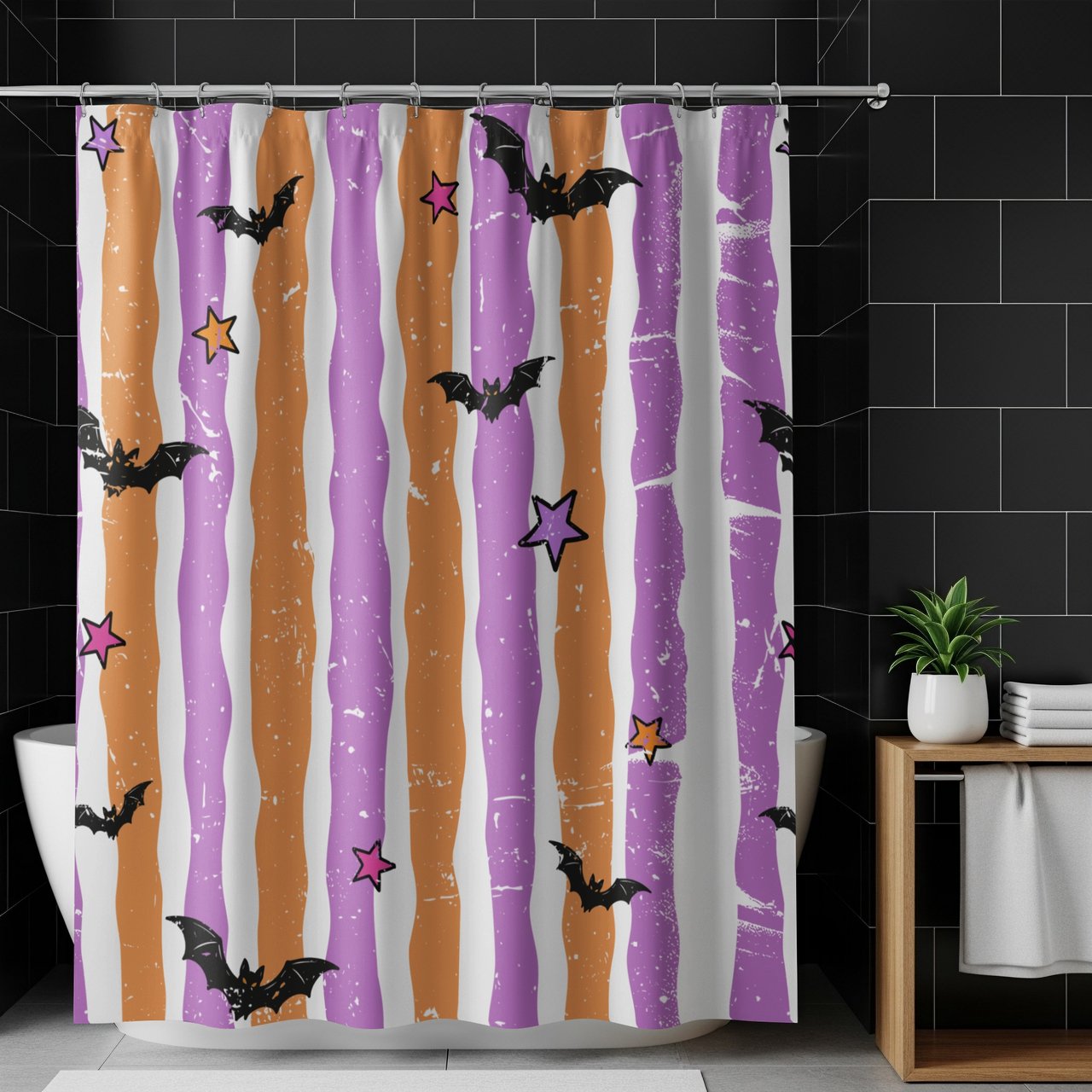 Halloween Shower Curtain and Bath Mat, Spooky Bats and Stripes Bathroom Decor, Cute Pastel Goth Bathroom Set, Retro Whimsigoth Housewarming
