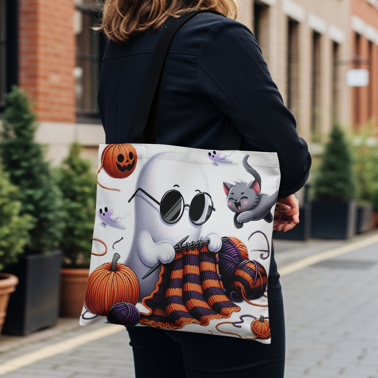 Halloween Tote Bag, Ghost Knitting, Cute Halloween Cat, Pumpkin Patch, Fall Decor, Spooky Season, Trick or Treat, Halloween Party, Gift