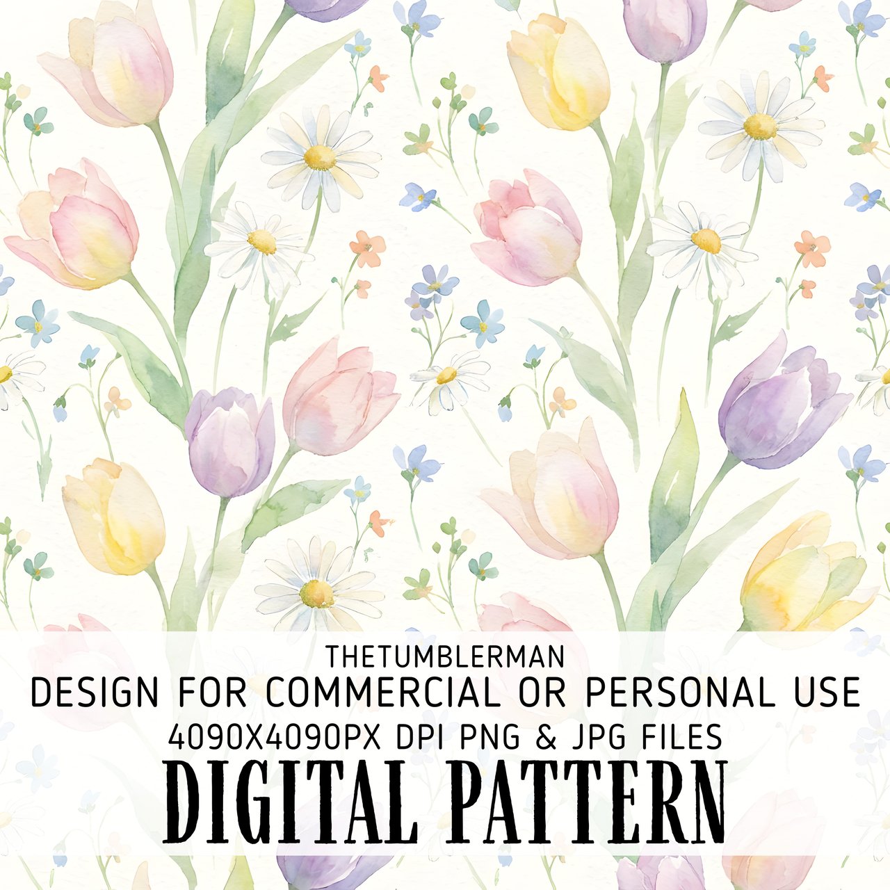 Digital Pattern, Floral Pattern, Tulip Pattern, Daisy Pattern, Watercolor Pattern, Digital Bundle, Spring Pattern, Flower Pattern, PNG JPG