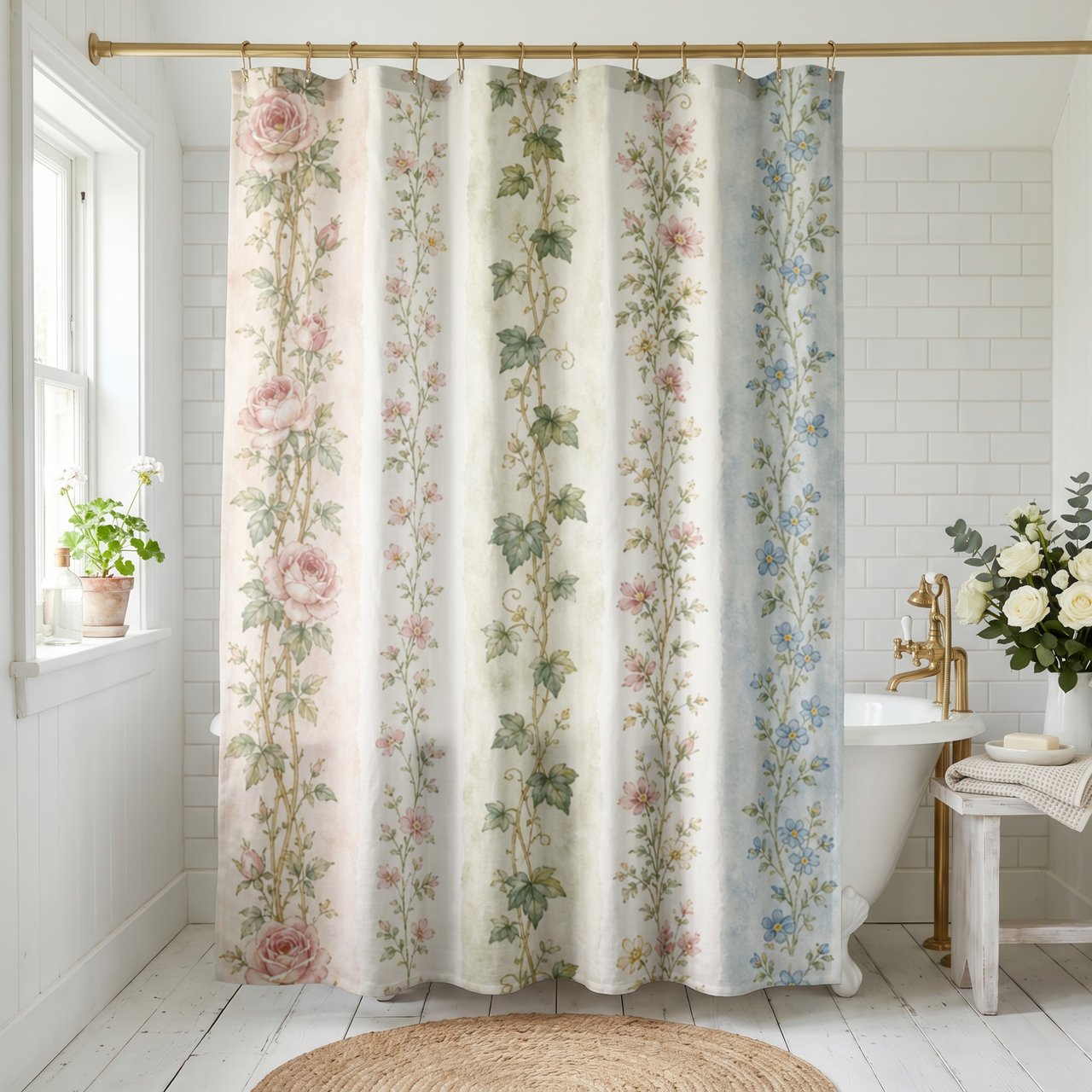 Blossom Stripe Cottagecore Shower Curtain