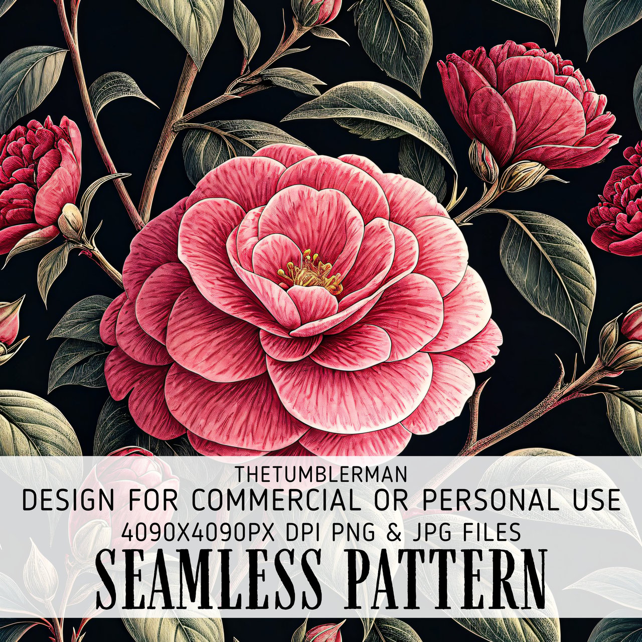 Pink Camellia Tumbler Design, Floral Digital Papers, Watercolor Flowers, Junk Journal Pages, Printable Tumbler PNG, Scrapbooking Paper