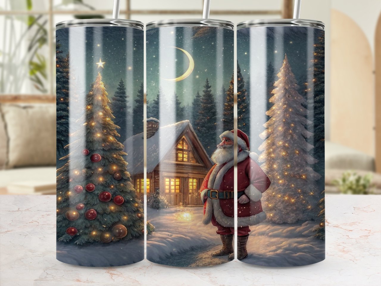 20oz Tumbler Wrap, Santa Claus, Winter Scene, Christmas Trees, Holiday Design