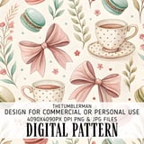 Digital Pattern, Digital Bundle, Macarons, Tea Cup, Floral, Bows, Seamless Pattern, Digital Paper, Commercial Use, Personal Use thumbnail 1