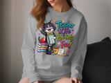 Whimsical 'Purrfectly Fun' Teacher Cat T-Shirt thumbnail 10