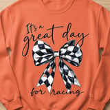 Racing Bow Sweatshirt, Its A Great Day For Racing Shirt, Checkered Bow Crewneck, Race Day Graphic Sweater, Trendy Motorsport Gift For Her thumbnail 4