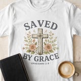 Saved by Grace Christian T-Shirt, Ephesians 2:8 Floral Cross Faith Tee, Inspirational Religious Scripture Women's Apparel Gift thumbnail 10