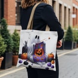 Halloween Tote Bag Ghost Knitting Pumpkin Tote, Cute Kitten, Spooky Season, Halloween Party Favor, Trick or Treat Bag, Fall Decor, Tote Bag thumbnail 5