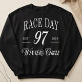 Vintage Race Day Sweatshirt, Preppy Motorsport Crewneck, Winners Circle 97 Racing Graphic Pullover, Aesthetic Track Day Car Enthusiast Gift thumbnail 1