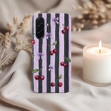 Dark Coquette Cherry Tough Phone Case, Lilac Purple Striped Bow Phone Cover, Gothic Ribbon Cherry Pattern Aesthetic Gift For Her thumbnail 3