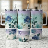 40oz Tumbler Wrap Sublimation, Seamless Tapered Digital Design, Blue Watercolor Flowers, Gold Accents, Luxury Distressed Glitter Pattern thumbnail 3