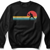 Pickleball Gildan Crewneck Sweatshirt, Retro Sunset Player Silhouette Vintage Stripes, Court Warm Up thumbnail 1
