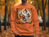 Ghost on Bicycle T-Shirts, Autumn Leaves, Squirrel, Halloween, Cute Spooky Season, Funny Holiday T-Shirts, Fall Season T-Shirts thumbnail 3