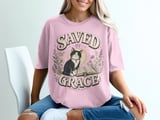 Saved By Grace Christian Cat T-Shirt, Faith Based Tuxedo Kitty and Bible Verse Tee, Cute Religious Floral Women's Gift Shirt thumbnail 3