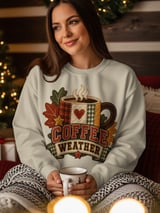 Coffee Weather Sweatshirt, Cozy Fall Coffee Lover Hoodie, Rustic Quilted Patchwork Print Autumn Aesthetic Crewneck, Cute Fall Tote Bag thumbnail 5
