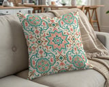 Moroccan Geometric Pillow Cover | Boho Chic Accent Cushion Case | Teal Coral Floral Decorative Home Decor Throw Pillow thumbnail 5