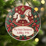 Baby First Christmas Ornament, Custom Rocking Horse Keepsake, Personalized Vintage Holiday Ornament, Heirloom Baby Shower Gift thumbnail 1