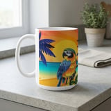Vibrant Tropical Parrot Art Print Mug, Macaw Sunset Beach Scene , Exotic Paradise Gift  thumbnail 2