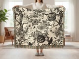 Gothic Toile Halloween Woven Blanket, Vintage Dark Academia Throw Pillow & Tapestry Blanket, Spooky Victorian Botanical Pumpkin Home Decor thumbnail 2