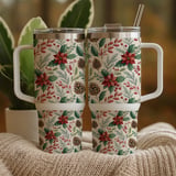 Watercolor Poinsettia Tumbler, Christmas Digital Paper, Floral Scrapbook, Holly Printable PNG, Holiday Junk Journal, Flower Background thumbnail 9