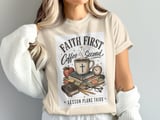 Faith First Coffee Second Lesson Plans Third T-Shirt | Christian Teacher Gift | Distressed Scripture Tee | Coffee Lover Educator thumbnail 3