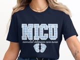 NICU Nurse T-Shirt: Neonatal Intensive Care, Blue Gingham Design, Baby Feet thumbnail 2
