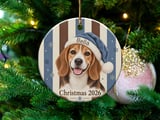 Beagle Christmas Ornament 2026, Cute Dog Lover Holiday Keepsake, Blue Santa Hat Puppy Pet Mom Gift, Rustic Striped Xmas Tree Decor thumbnail 1