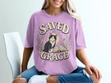 Saved By Grace Christian Cat T-Shirt, Faith Based Tuxedo Kitty and Bible Verse Tee, Cute Religious Floral Women's Gift Shirt thumbnail 1