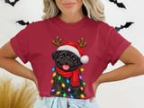 Black Pug Dog Santa Hat Reindeer Antlers Red Scarf Christmas Lights Standard T-Shirts thumbnail 2