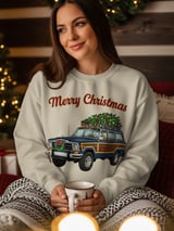 Merry Christmas Wagoneer Xmas Tree Sweatshirt, Vintage Car Print, Holiday Vehicle Art, Gift for Car Lovers, Christmas Decor thumbnail 1