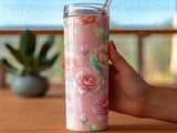 Peony Rose Watercolor Tumbler Wrap PNG, Floral 20oz Skinny Tumbler Sublimation Design, Digital Download Gift for Her, Seamless Floral thumbnail 4