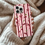 Coquette Cherry Tough Phone Case, Cute Pink Ribbon Bow Aesthetic Phone Cover, Vintage Striped French Chic Cherry Gift for Her thumbnail 2